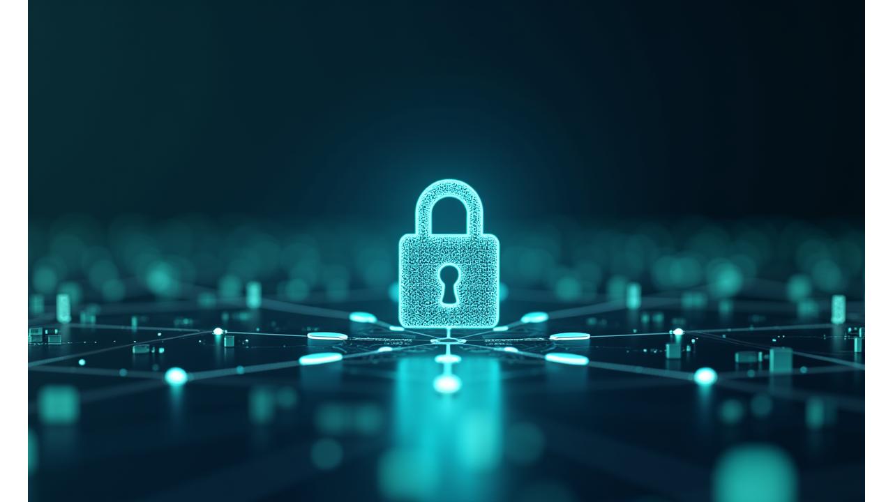 Illustration of a padlock over a network of interconnected digital devices, symbolizing cybersecurity and data protection.